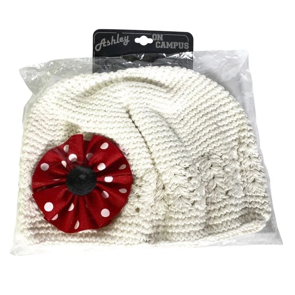 My‎ Lello Hat Handmade Beanie Little Girl Crochet White Kufi Flower New